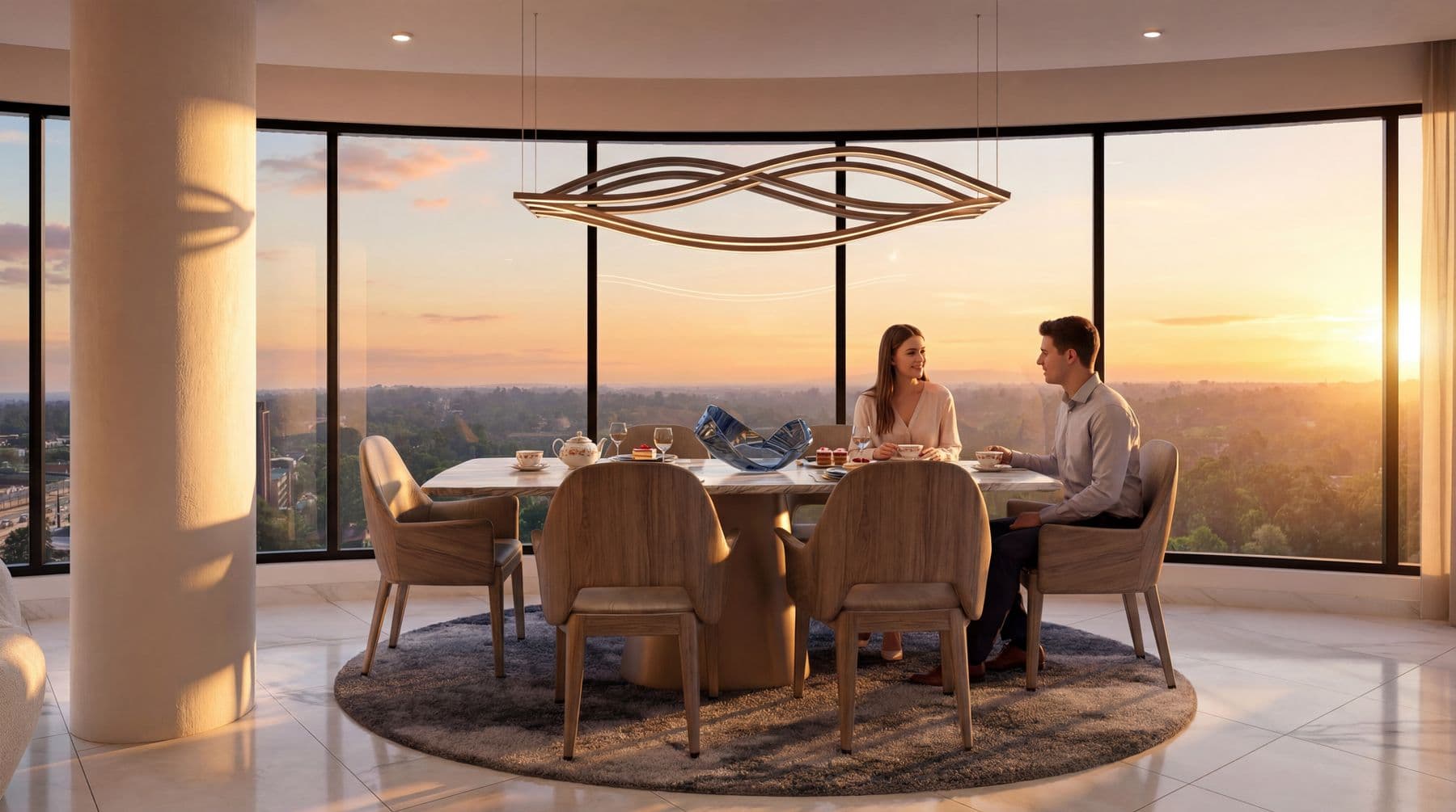 2 bedroom apartment: dining room at sunset
