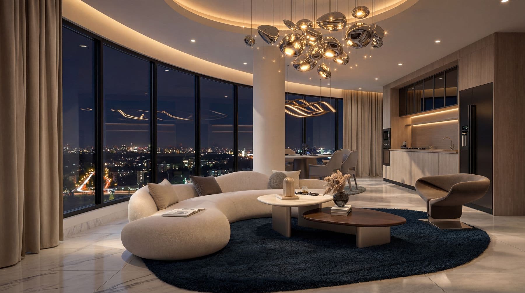 A two-bedroom living room at night, the city lights through the curved glass
