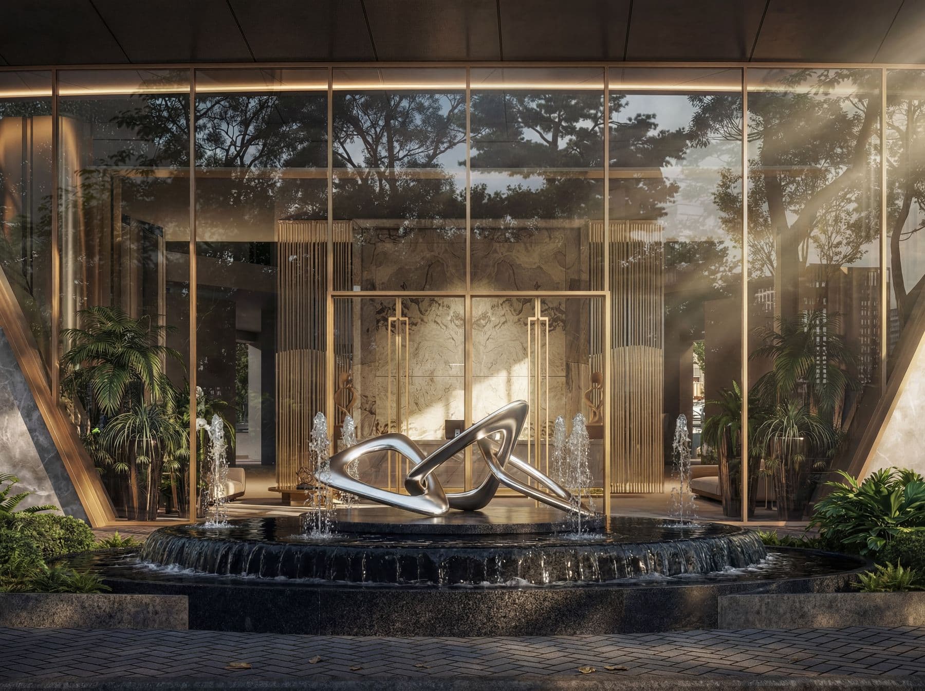The curved entrance canopy lit at dusk