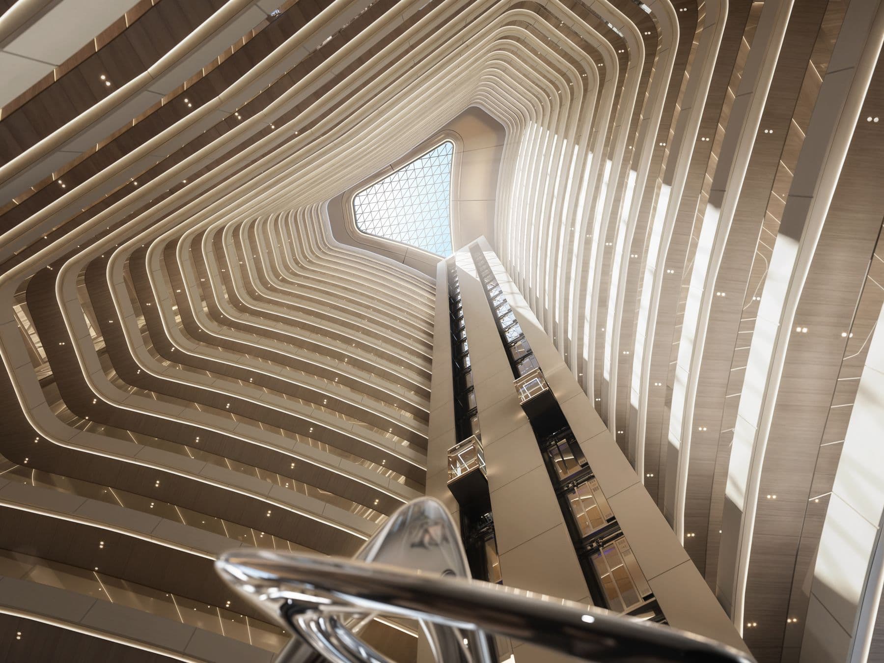 The atrium with its glass lifts and curved balconies