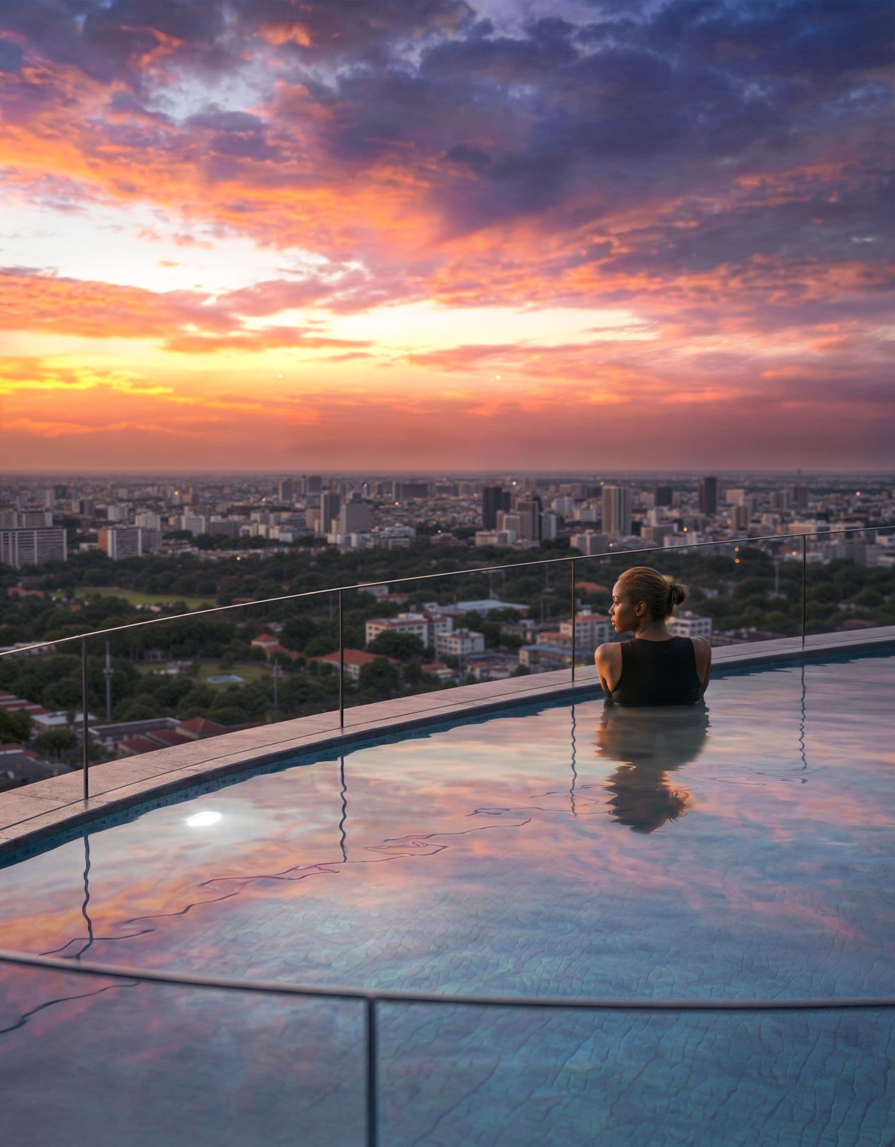 The infinity pool's edge at sunset over Nairobi