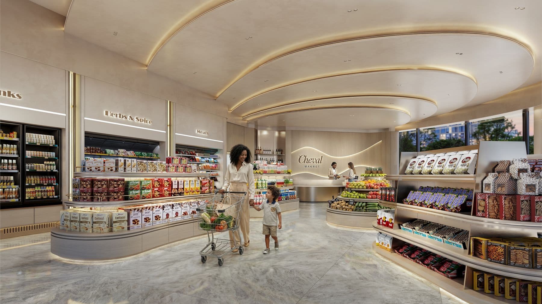 Cheval Market, with curved shelves and a resident shopping