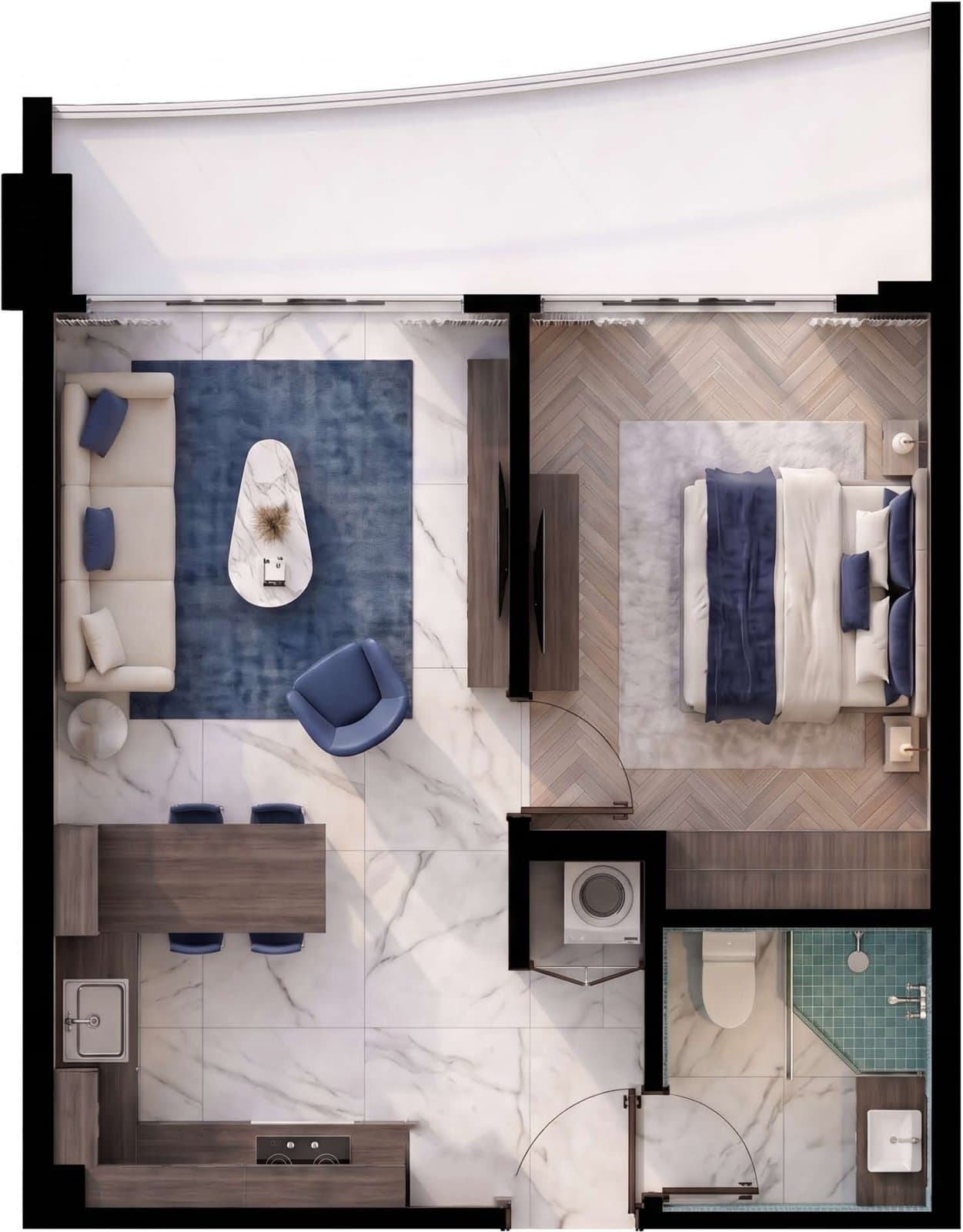 Luxury 1 Bed floor plan: 1 bedroom, living room, dining