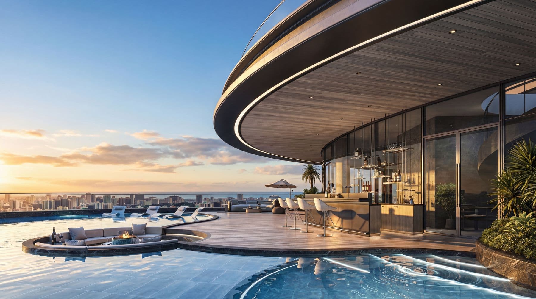 The infinity pool and the curved rooftop bar