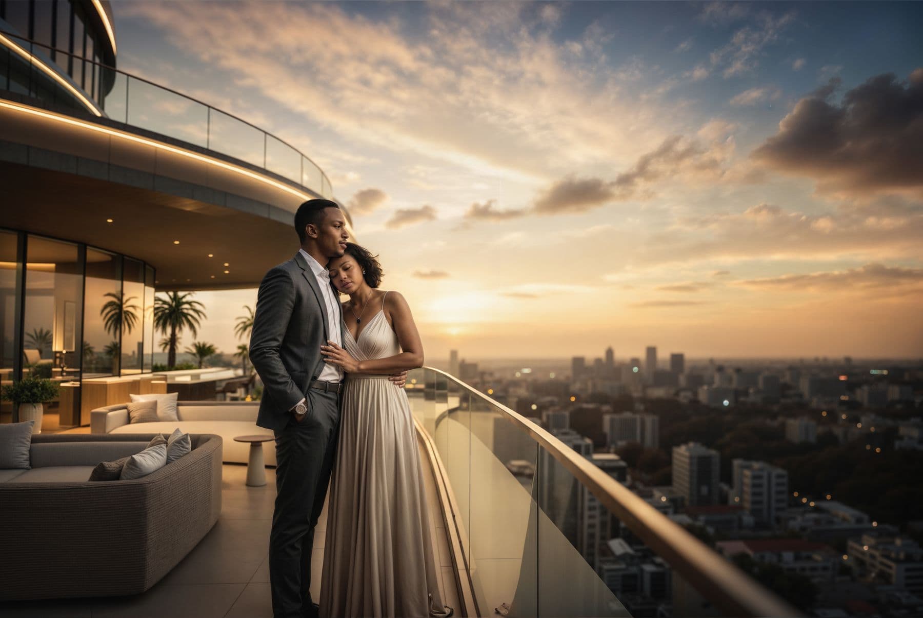 A couple on the rooftop terrace as the sun sets over the city