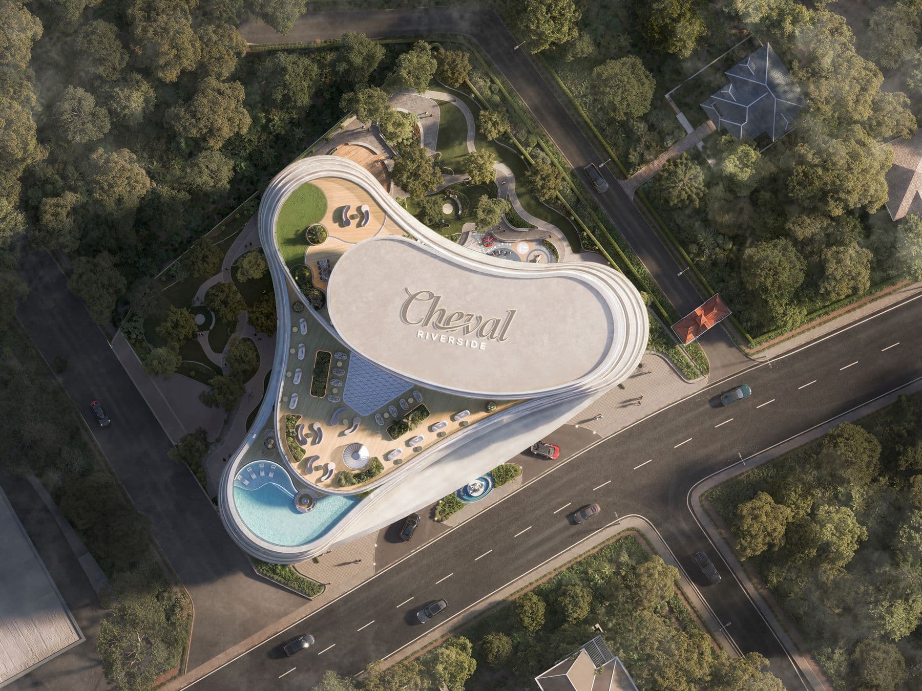 Aerial view of the three-winged tower and its rooftop pool