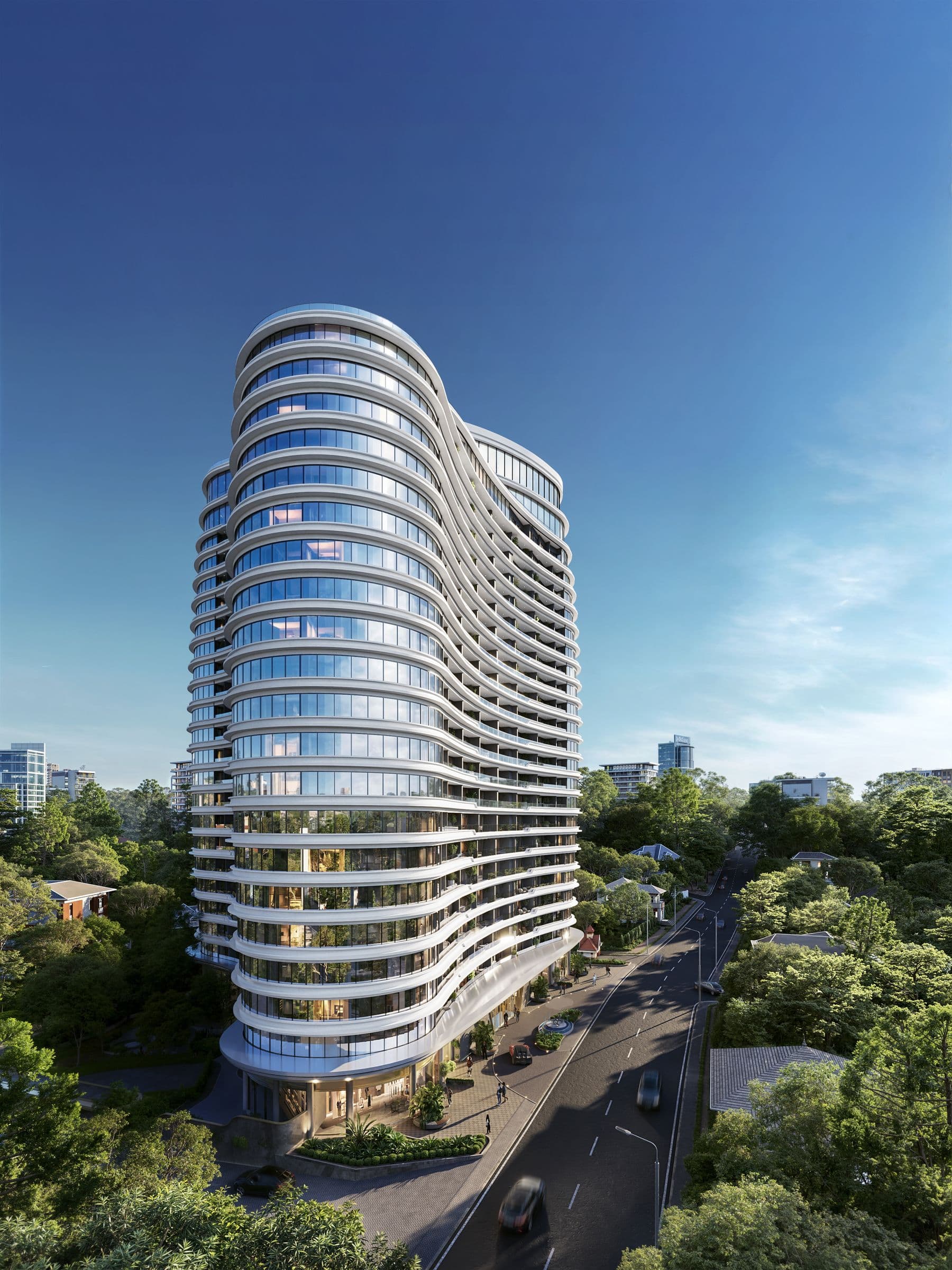 Cheval Riverside in daylight, rising above the trees of Riverside