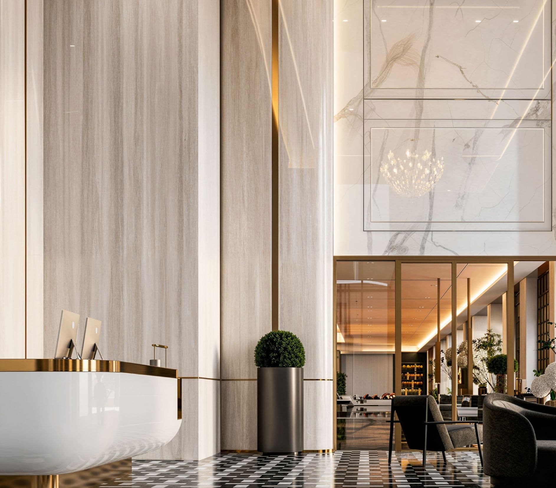 Double-height lobby in marble and brass