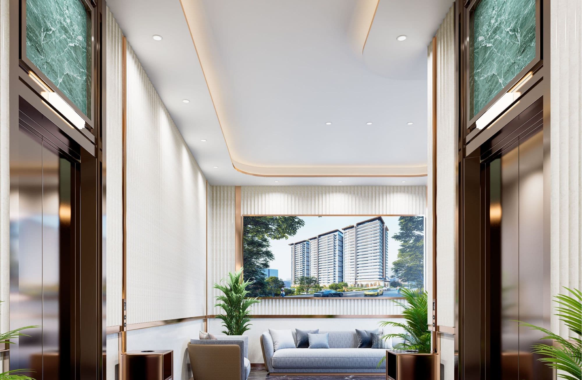 The lift lobby in marble and brass