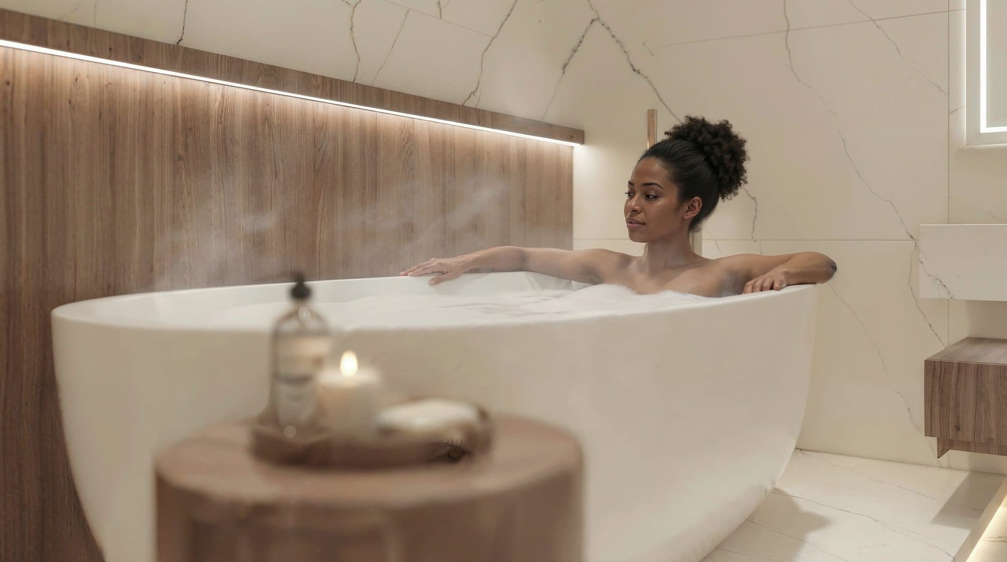 A freestanding bath in a stone and timber bathroom