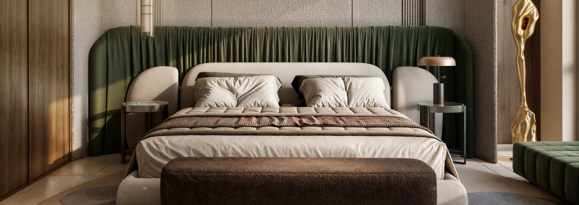 Master bedroom with a moss-green upholstered headboard