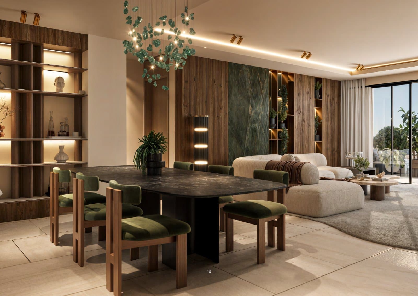 Dining table under a pendant, with timber shelving behind