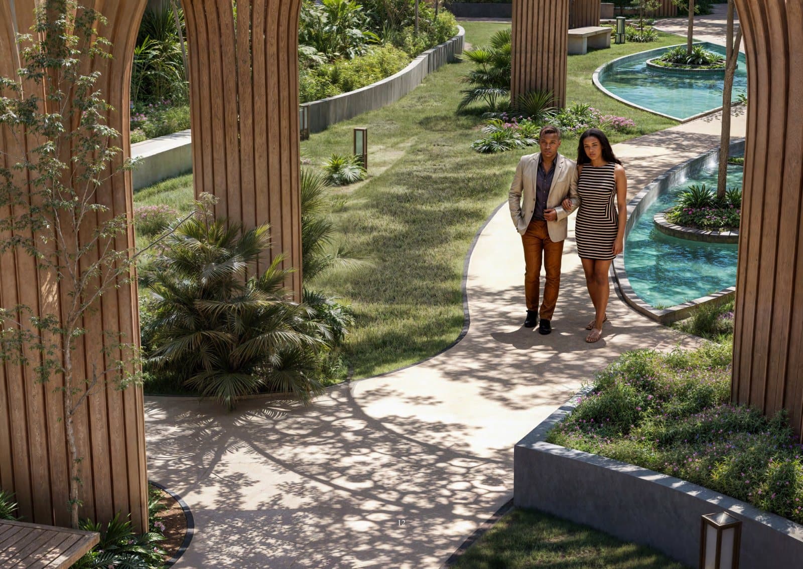 Residents walking a garden path beside a water channel