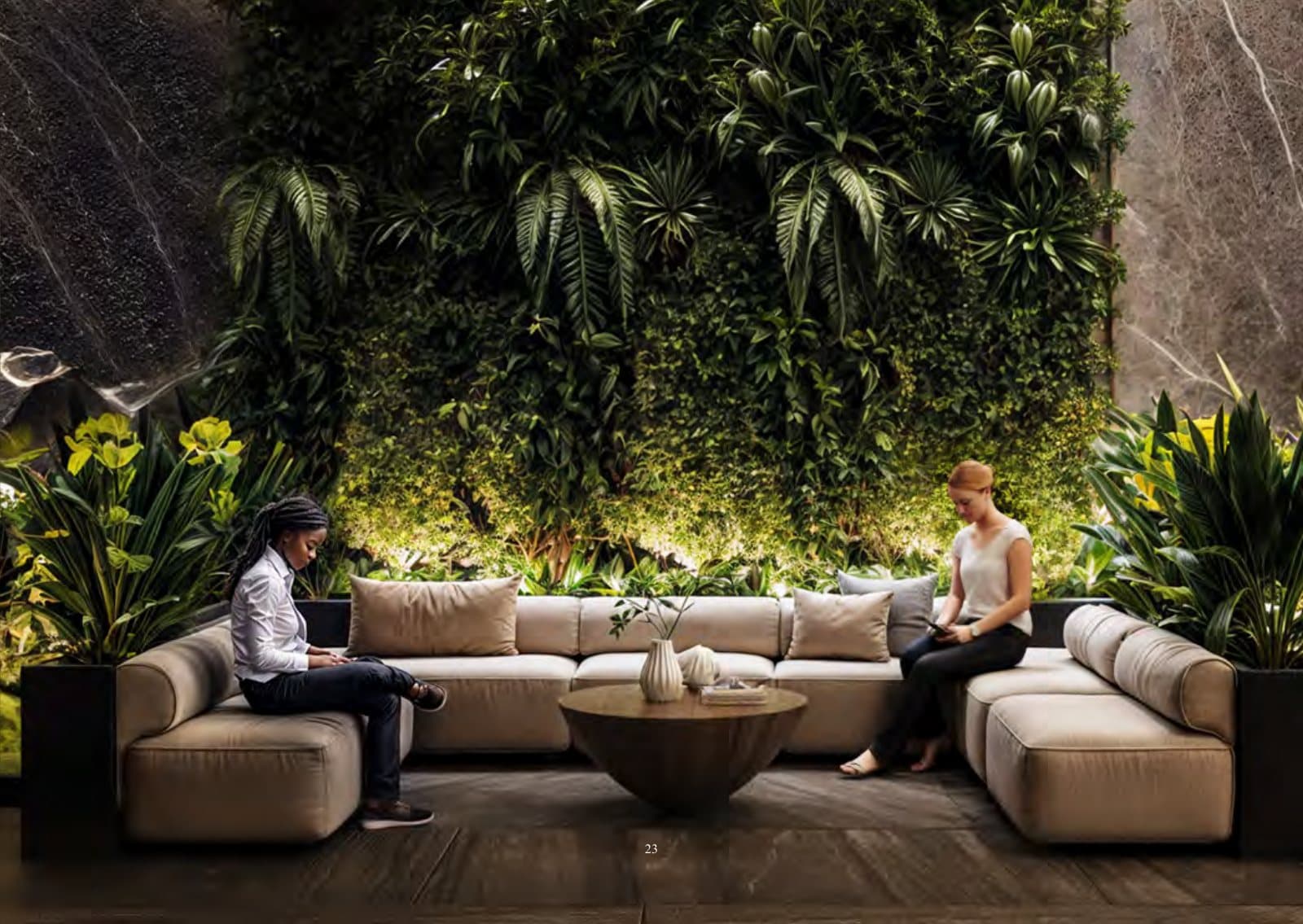 A lounge in front of a living green wall