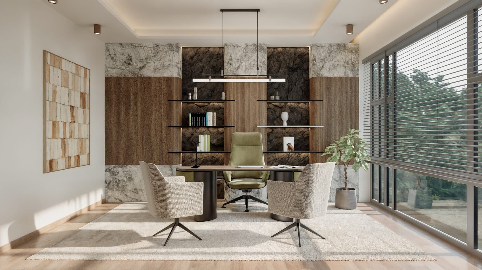 A home office in timber and stone