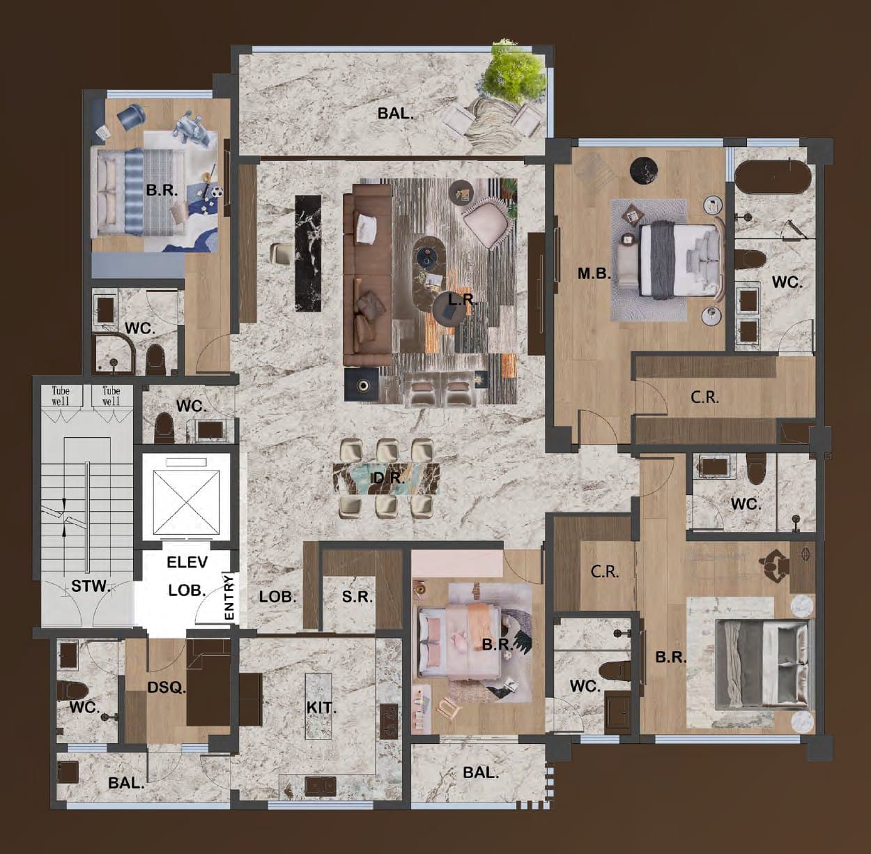Floor plan of the 275 sqm 4-bedroom apartment with DSQ