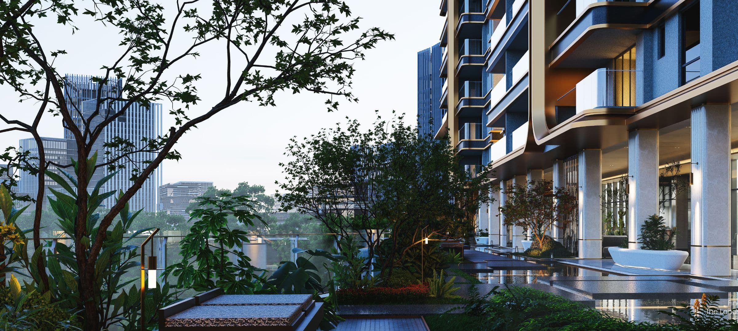 Executive Suites towers above the landscaped garden