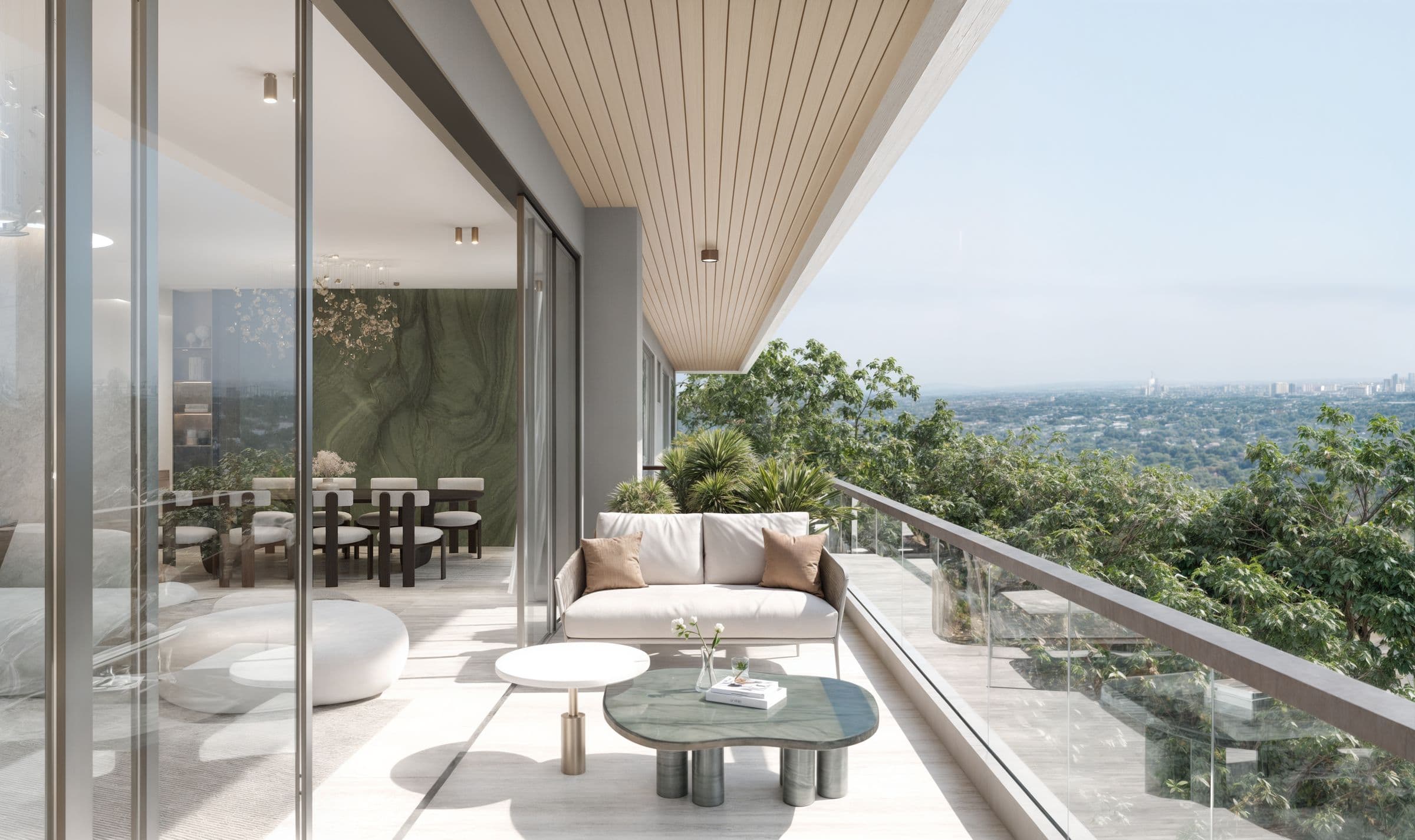 Gaia Brookside living room opening onto a garden-view balcony