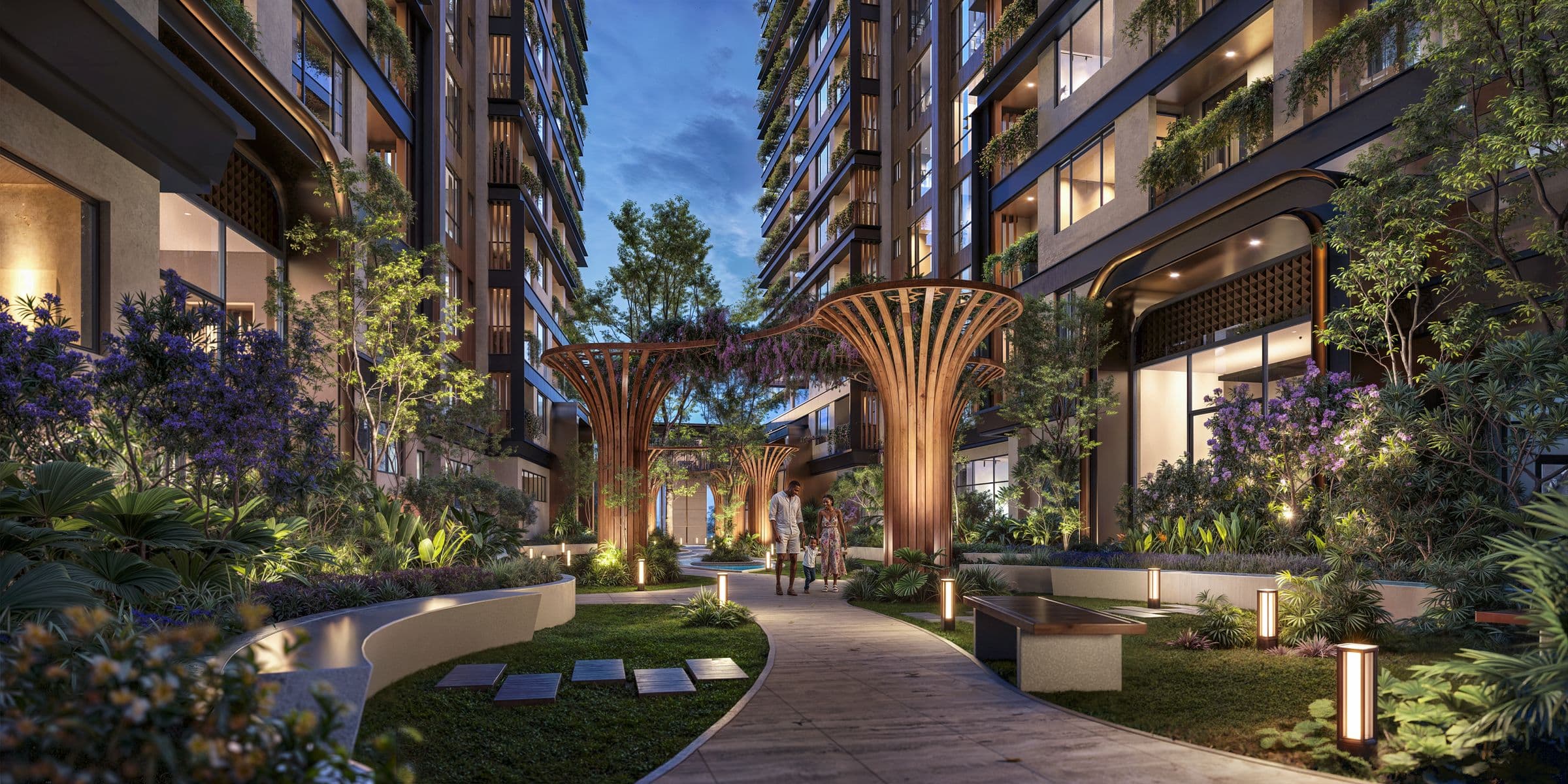Landscaped residential courtyard at dusk in Westlands