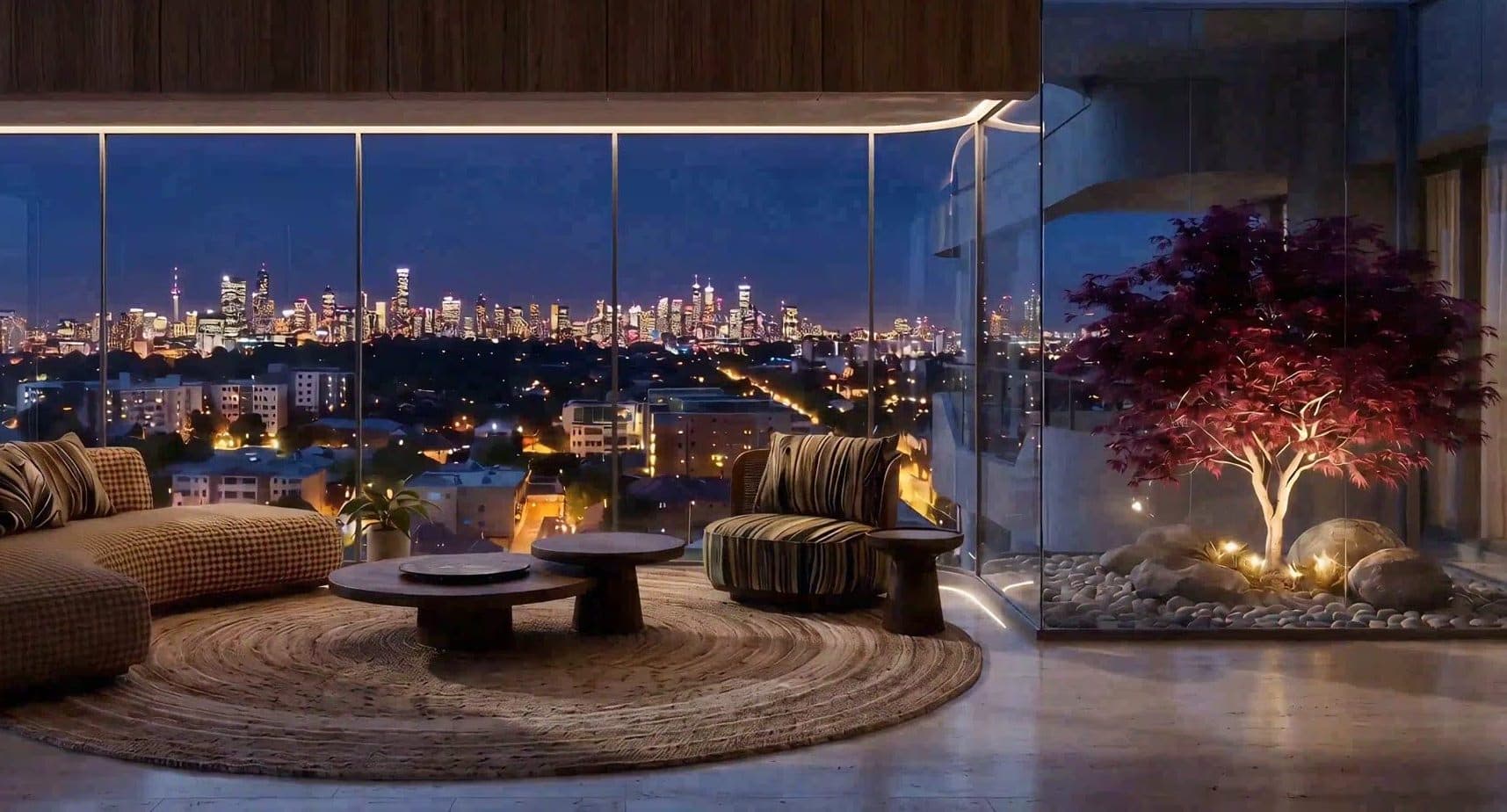 Seasons Riverside sky lounge overlooking the city at night