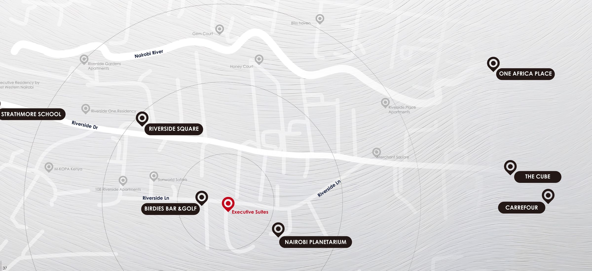Map of Executive Suites on Riverside Lane with nearby landmarks: Riverside Square, Birdies, Nairobi Planetarium, The Cube, One Africa Place and Strathmore School